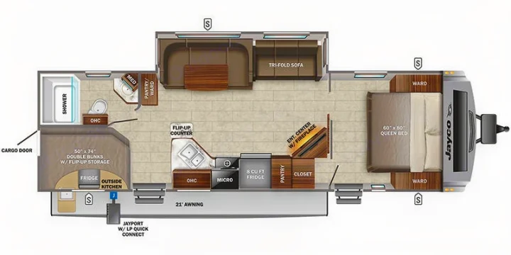 This rv rental floor plan features a queen bed, bunks, kitchen, bath, sofa, dinette, and outdoor kitchen, great for your next adventure.. Jayco White Hawk 2022