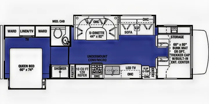 Detailed RV rental floor plan showing a queen bed, U-dinette, kitchen, bath, and bunk area storage. Ideal for travel.. Forester Classic 2021