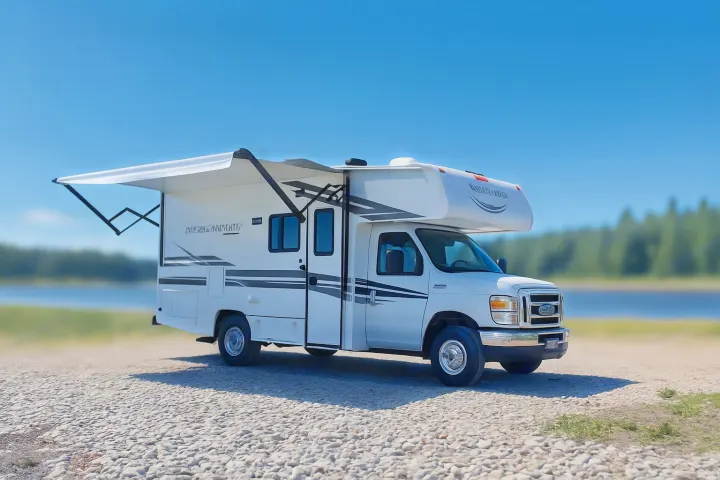 A white rv rental with its awning extended is parked on a rocky shore beside a lake under a clear blue sky.. Coachman Freelander 22 XG 2023