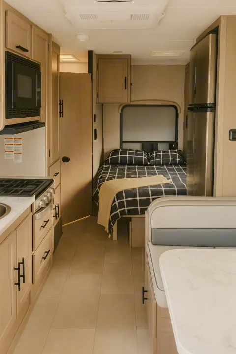 Cozy RV rental interior with compact kitchen, checkered bed, and dinette. Perfect for comfortable travel and small space living.. Coachman Freelander 22 XG 2023