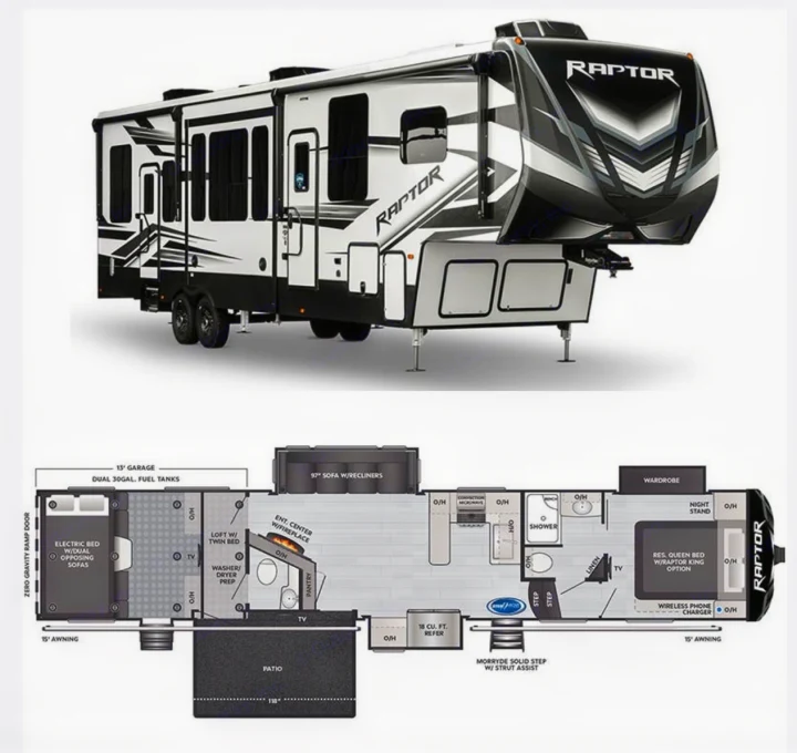 Raptor toy hauler RV and its floor plan, featuring a garage and patio, great for an rv rental adventure.. Keystone RV Raptor Toy Hauler 2021