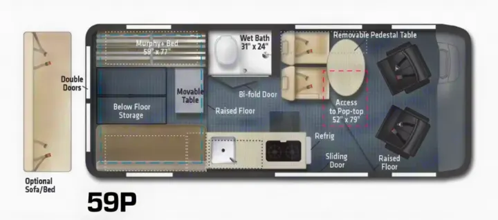 This 59P RV rental floor plan showcases a compact layout with a Murphy+ bed, wet bath, kitchen, and flexible dining/seating areas.. Winnebago Soilis 2025