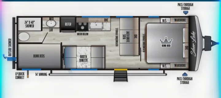 This detailed RV rental floor plan showcases a travel trailer with a king bed, bunks, full kitchen, and dinette, ideal for camping adventures.. East to West Silver Lake 2024
