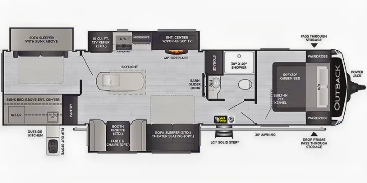 RV rental floor plan: Travel trailer interior showing master bedroom, bunkhouse, full bath, kitchen, living area, and outdoor kitchen.. Keystone RV Outback 2022