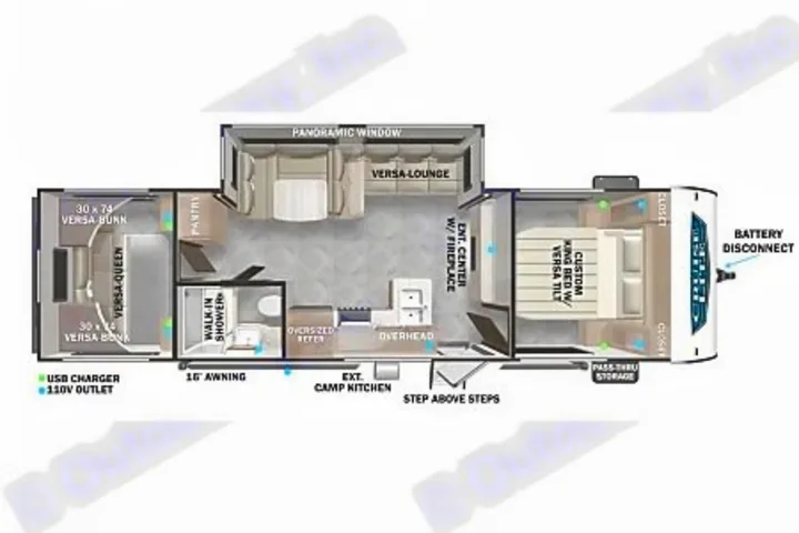 RV rental floor plan: This spacious layout features bunk beds, a queen bed, a king bed, kitchen, and walk-in shower.. Salem Cruise LIte Platinum 28VBLX 2024