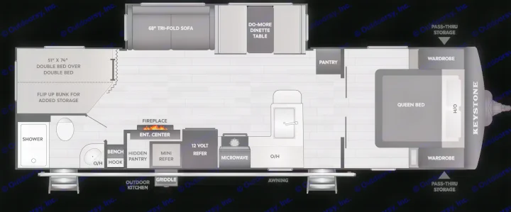 Explore this RV rental's floor plan: queen bed, bunk beds, kitchen, bath, and living area, designed for comfortable travel.. Keystone RV Bullet Crossfire 2025