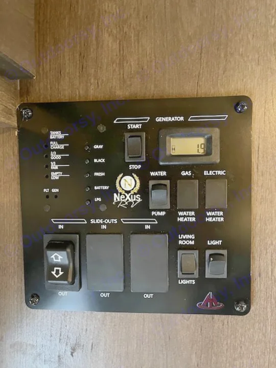 This RV rental's control panel shows generator (1.9 hrs), tank levels, water heater, slide-outs, and lights.. Nexus Viper 2026