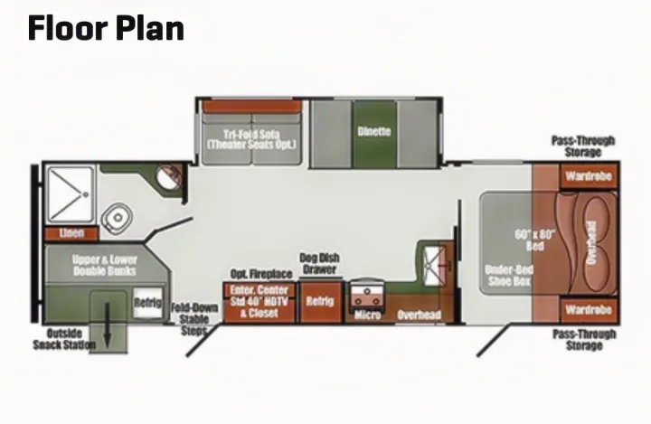 This RV rental floor plan details the interior layout, featuring a bedroom, kitchen, bathroom, dinette, sofa, and bunk beds.. Gulf Stream Envision 2023