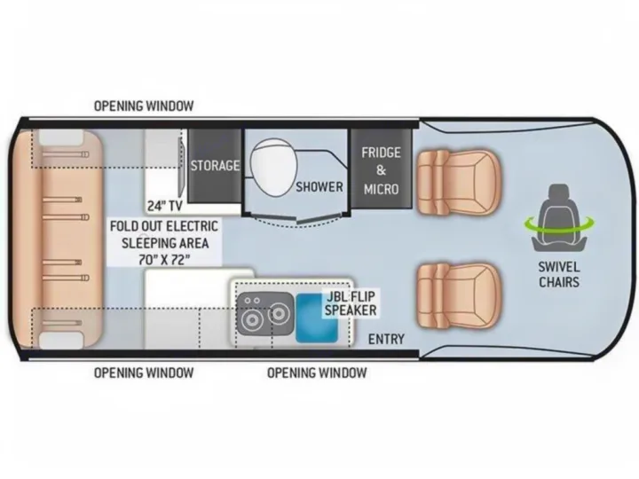 RV rental floor plan: compact camper van layout featuring swivel chairs, kitchen, shower, fold-out bed (70"x72"), storage & windows.. Thor Synergy 2022