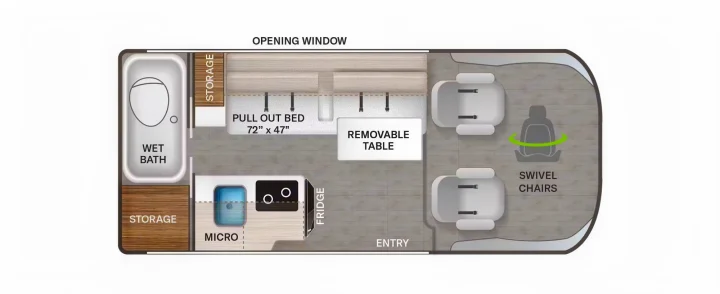This compact rv rental floor plan features a wet bath, 72"x47" pull-out bed, kitchen, removable table, and front swivel chairs.. Thor Rize 2022