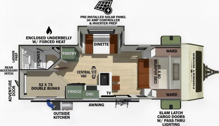 This rv rental floor plan highlights a spacious interior with bunk beds, a Murphy bed, dinette, kitchen, and bathroom, plus an outside kitchen.. Forest River 5NHTRDV27TD211453 2026