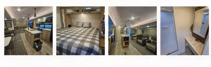 Experience comfort in this spacious rv rental! Showcasing a modern kitchen, living room, comfy bedroom, and clean bathroom.. SALEM 27REX 2024