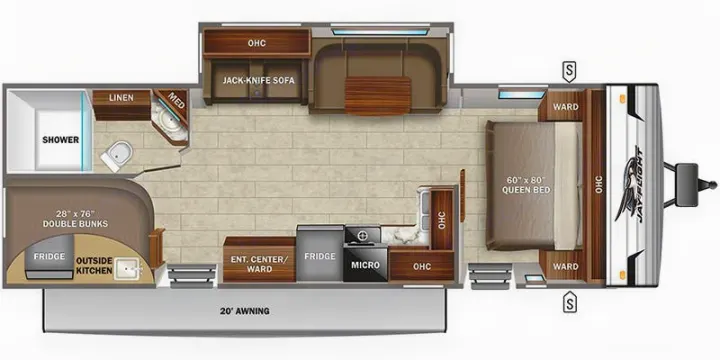 Detailed RV rental floor plan showing a queen bed, double bunks, full kitchen, bathroom, and a 20' awning.. Jayco Jay Flight 2020