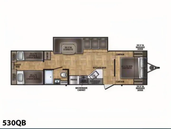 This 530QB RV rental floor plan shows a master bed, bunk beds, U-dinette, kitchen, and bathroom, ideal for family travel.. Coachmen I-5 Edition 530QB 2024