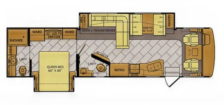 This RV rental floor plan features a queen bed, two lavatories, kitchen with fridge & micro, dinette, and sofa transformer.. Fleetwood Bounder 2016