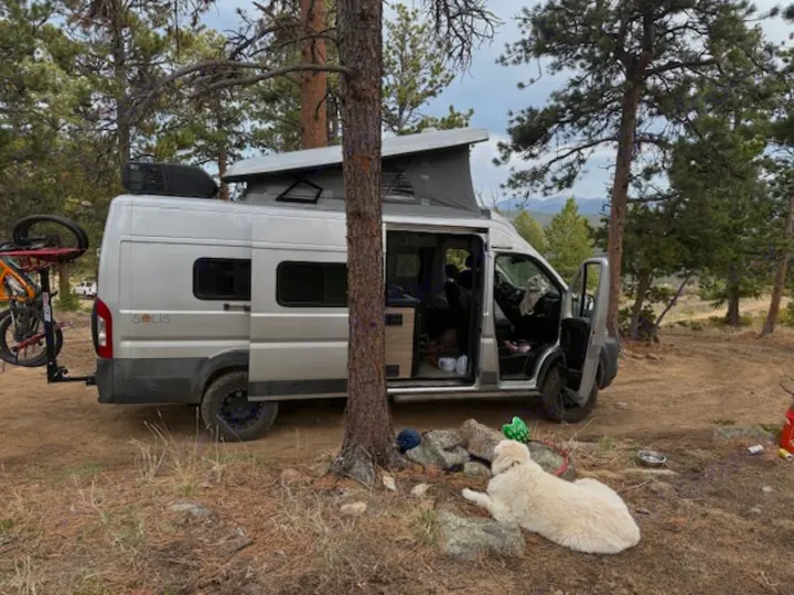 RV rental camper van parked in a forest campsite with a bike rack & dog relaxing nearby. Pop-top up.. Winnebago Solis 2022