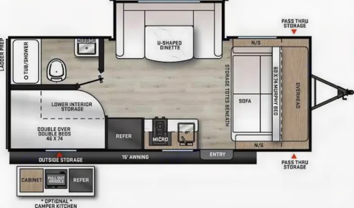 This RV rental floor plan features a U-shaped dinette, 60x74 Murphy bed, double bunks, kitchen, bathroom, and storage areas.. Coachmen 184BH 2025