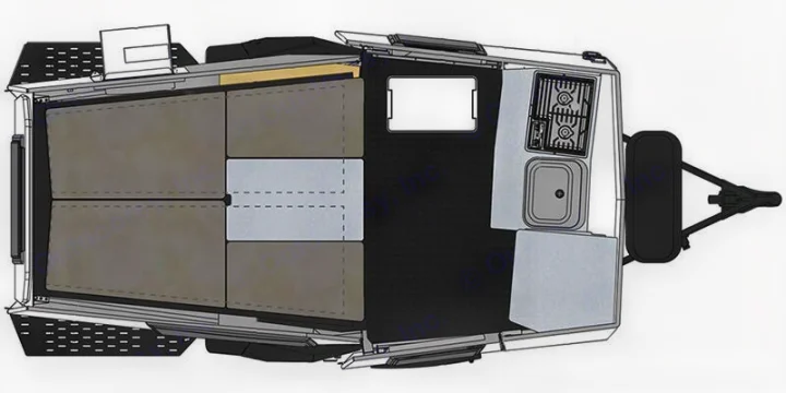Overhead layout of a pop-up camper/RV rental, showing a sleeping area, kitchen with stove/sink, and living space.. Cricket standard 2013