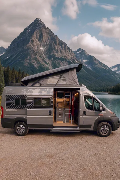 Grey rv rental campervan with pop-top extended, side door open to its interior, parked by a lake & mountains.. Winnebago Roam 2024