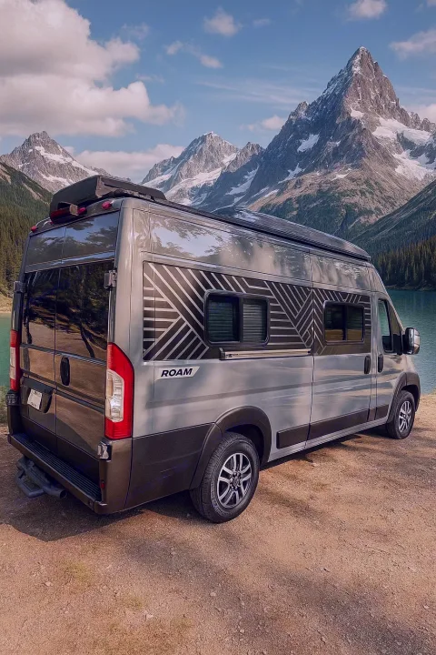 Grey rv rental with geometric decals, parked by a stunning lake & snow-capped mountains. Ideal for an outdoor adventure.. Winnebago Roam 2024