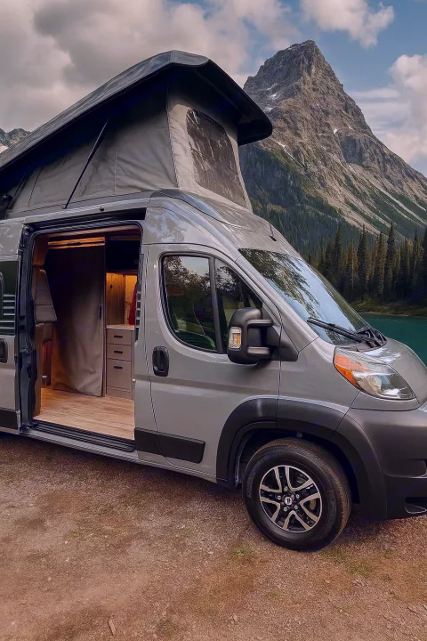 This pop-top camper van, an ideal rv rental, sits by a serene mountain lake, inviting outdoor adventure and cozy travel.. Winnebago Roam 2024