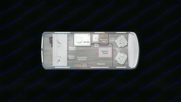 Detailed rv rental floor plan: Wet Bath, Motorized Sofa/Bed, Dinette, Kitchenette, and front seating area features displayed.. Winnebago Roam 2024