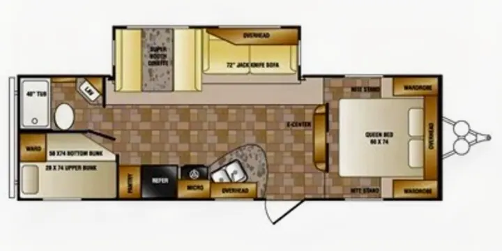 Detailed RV rental floor plan, illustrating a spacious layout with queen bed, bunks, kitchen, and bath. Great for families.. Crossroads RV Zinger 2015