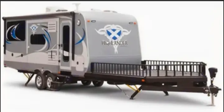 Highlander travel trailer RV rental with a unique front deck, perfect for outdoor adventures.. Highland Ridge Highlander 2016
