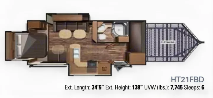 Detailed floor plan for an RV rental: a 34'5" toy hauler travel trailer with bedroom, living, kitchen, bath, and front deck. Sleeps 6.. Highland Ridge Highlander 2016