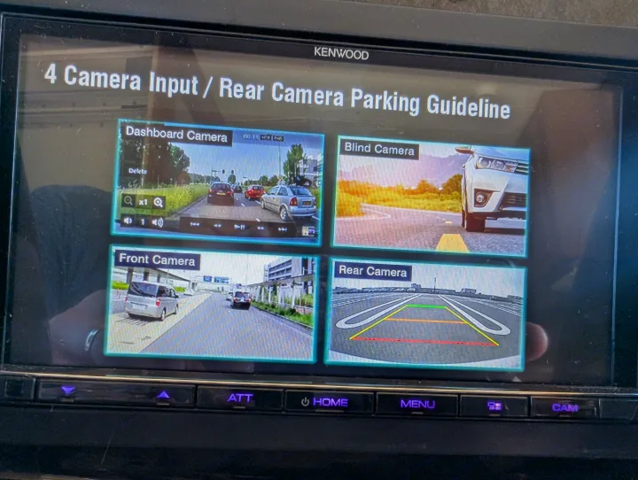 Kenwood display shows 4 camera views: dash, blind spot, front, and rear with parking lines, ideal for an RV rental.. Thor Miramar 2015