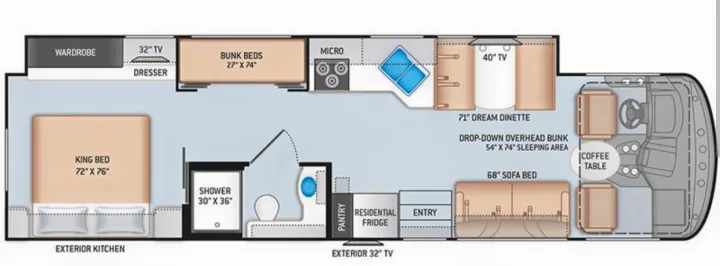 Detailed RV rental floor plan showing king bed, bunk beds, dinette, kitchen, bathroom, and sofa bed for spacious living.. Thor Windsport 2023