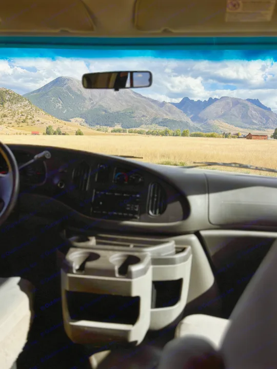From an RV rental, the dashboard and golden fields frame majestic mountains under a cloudy sky.. Four Winds Majestic 2006