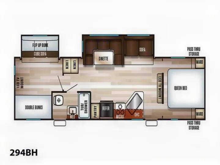 This detailed RV rental floor plan (294BH) illustrates the interior layout, featuring a queen bed, bunk beds, kitchen, and bath.. Forest River Cherokee 2018