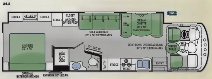 This rv rental floor plan shows a spacious layout with a king bed, dream dinette, full kitchen, and bath, ideal for family trips.. Thor Miramar 2015