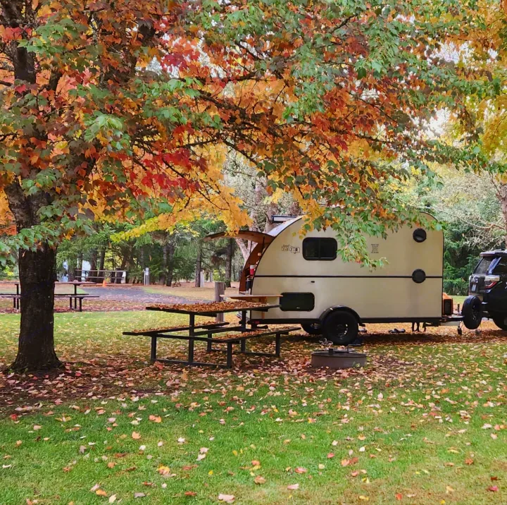 An rv rental, a beige teardrop trailer, is parked at an autumn campground under a tree with colorful fall foliage and picnic tables.. Bend Teardrop Tall Boy 2023