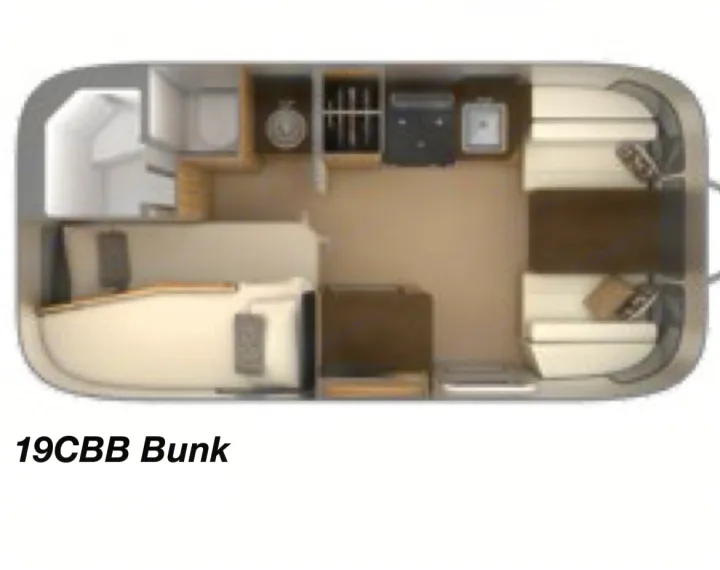 Top-down 19CBB Bunk RV rental floor plan showing sleeping areas, kitchen, dinette, and full bathroom layout.. Airstream Flying Cloud 2018