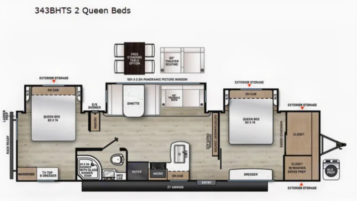 Detailed 343BHTS RV rental floor plan with 2 Queen beds, kitchen, bathroom, and convertible living spaces.. Coachmen Catalina 2021