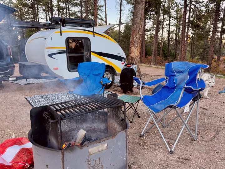 Enjoying a cozy campsite with an RV rental, two dogs, camping chairs, and a crackling campfire among the pine trees.. Lil’ Guy RET 2006
