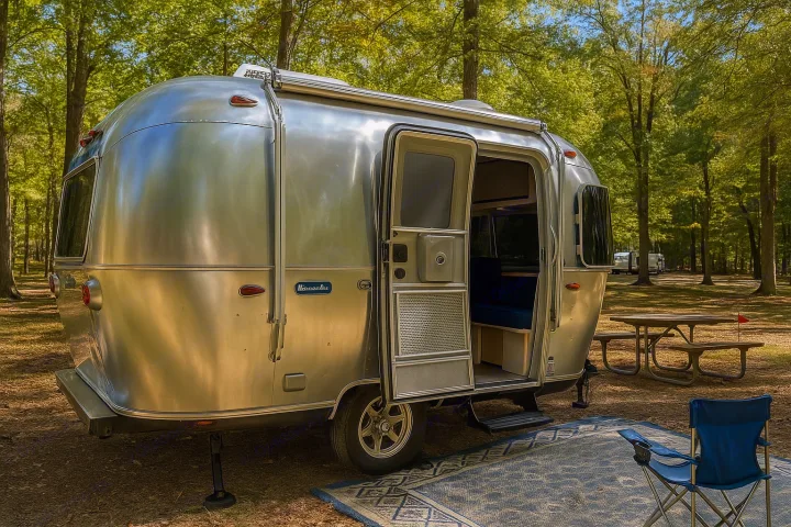 Enjoy this Hiawatha rv rental: a silver travel trailer with an open door, outdoor rug, and chair at a peaceful, wooded campsite.. Airstream Bambi 2024