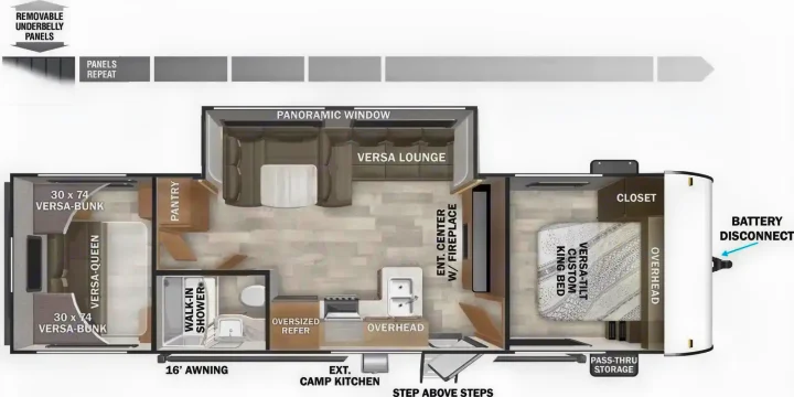 Detailed RV rental floor plan: living areas, kitchen, bath, and various sleeping options including bunks, queen, and king beds.. Forest River Wildwood X-Lite 2025