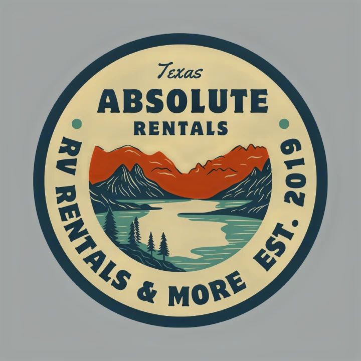 A circular logo for Texas ABSOLUTE RV Rentals & More, EST. 2019, featuring mountains, a lake, and trees.. Durango Gold 2018