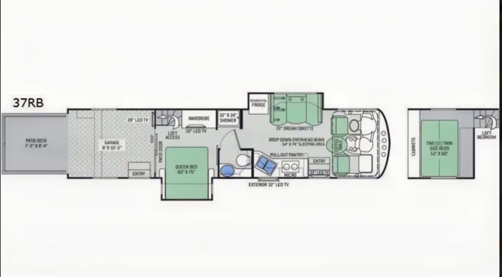 RV rental floor plan (37RB) showing a patio deck, garage, queen bed, dinette, drop-down bunk, and loft twin beds.. Thor Outlaw 2017