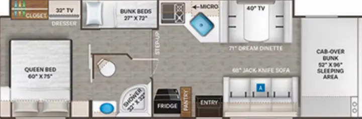 This RV rental floor plan shows a queen bed, bunk beds, bathroom, kitchen with dinette, sofa, and a cab-over bunk for sleeping space.. Thor Four Winds 2023