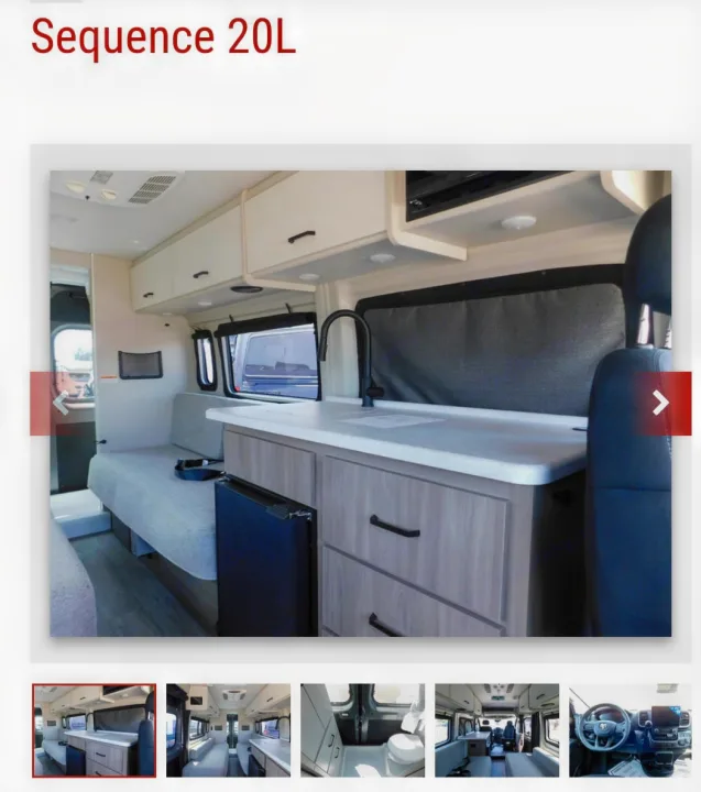 RV rental's functional campervan kitchen and living space, showing a sink, drawers, and light-colored bench seating.. thor Sequence 2026