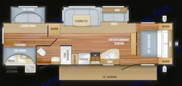 Detailed RV rental floor plan showing a queen bed, U-dinette, kitchen, and bunkhouse, ideal for family travel trailer adventures.. Jayco Jay Flight 2018
