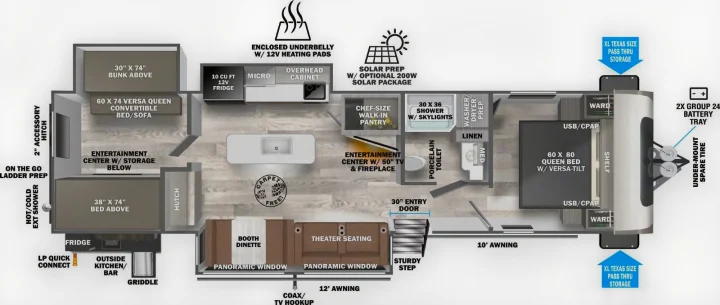 This RV rental floor plan showcases a travel trailer's spacious interior, including a full kitchen, living area, bunks, and queen bed.. Forest River Salem Hemisphere 2021