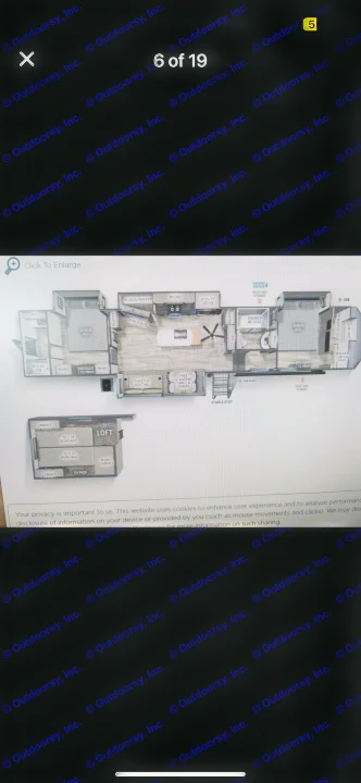 This RV rental floor plan offers a detailed layout of a spacious unit, featuring bedrooms, kitchen, living area, and a loft with bunk beds.. Forest River Sandpiper 2024