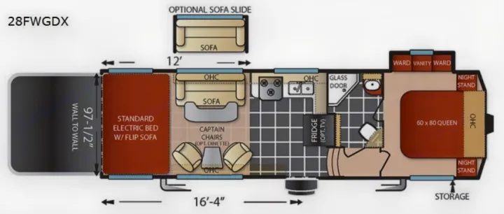 This RV rental toy hauler floor plan (28FWGDX) shows a garage, living, kitchen, bath, and a 60x80 queen bed.. Forest River Shockwave 2018