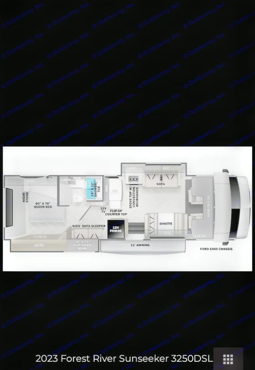 Explore this 2023 Forest River Sunseeker 3250DSL RV rental floor plan, detailing its queen bed, bunks, kitchen, and living area layout.. Forester LE 2023