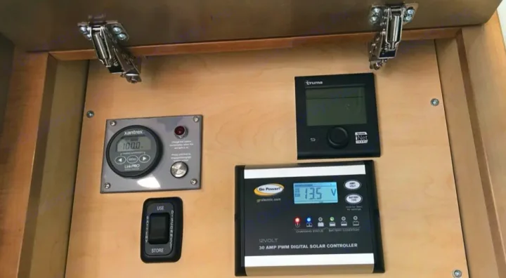 RV rental control panel features a Xantrex battery monitor, Truma heating, Go Power solar controller (13.5V), and battery switch.. Coachmen Galleria 2020